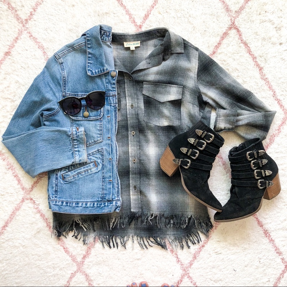 Fringe Hem Black & Grey Plaid Flannel